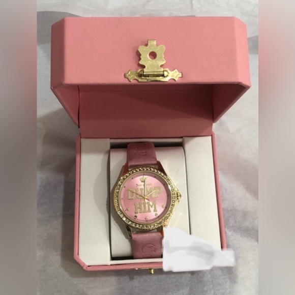 Juicy couture pink gold cz pave crystal bezel ‘Dump Him’ monogram wristwatch new main image 7